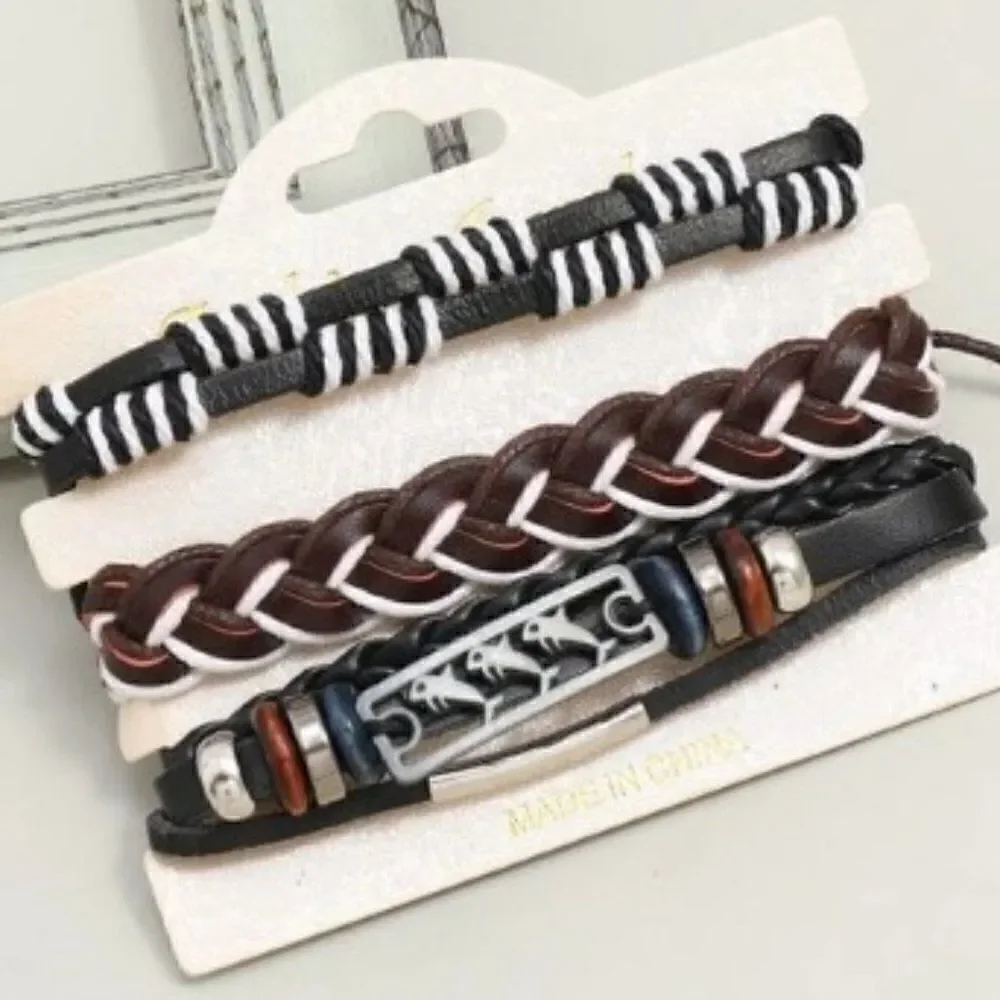 BLACK LEATHER DOLPHIN BRAIDED BRACELET SET